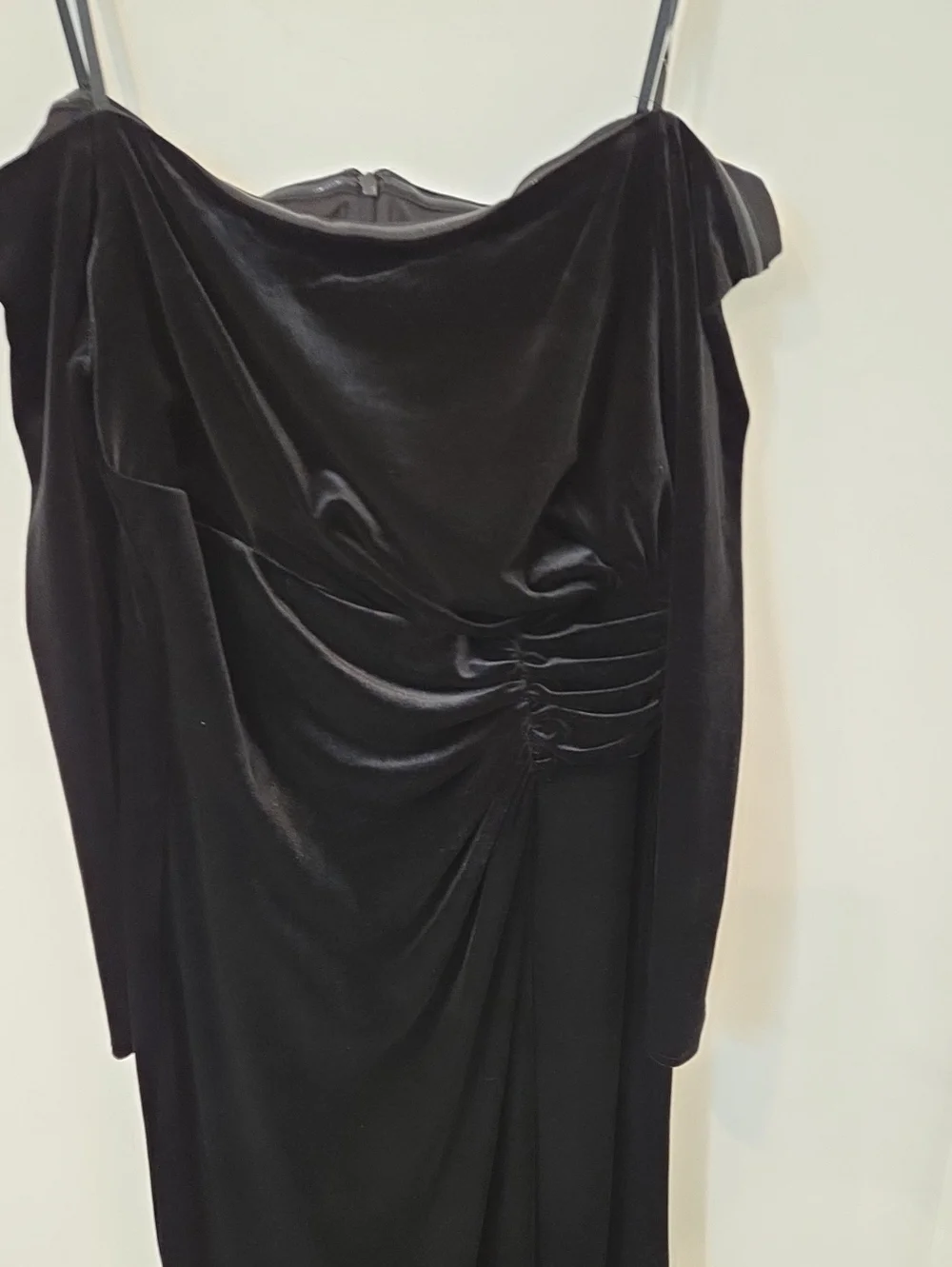 Xscape Black Velvet Off-Shoulder Maxi Dress Faux Wrap With Long Slit NEW Size 14